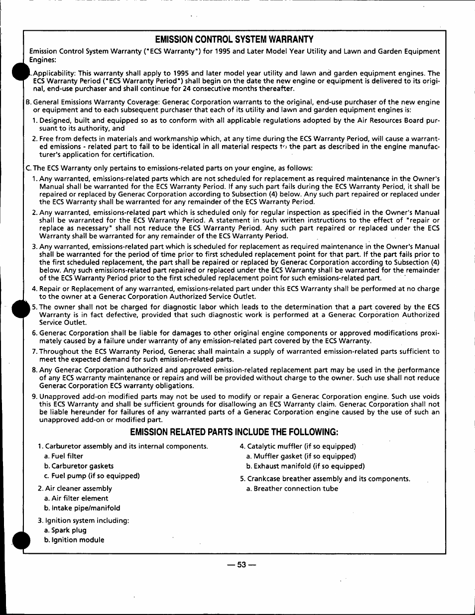 Emission control system warranty, Emission related parts include the following | Generac Power Systems 0940-1 User Manual | Page 55 / 56
