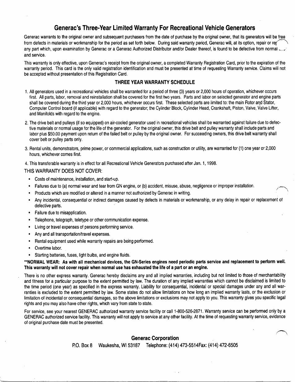 Three year warranty schedule, Generac corporation | Generac Power Systems 0940-1 User Manual | Page 56 / 56