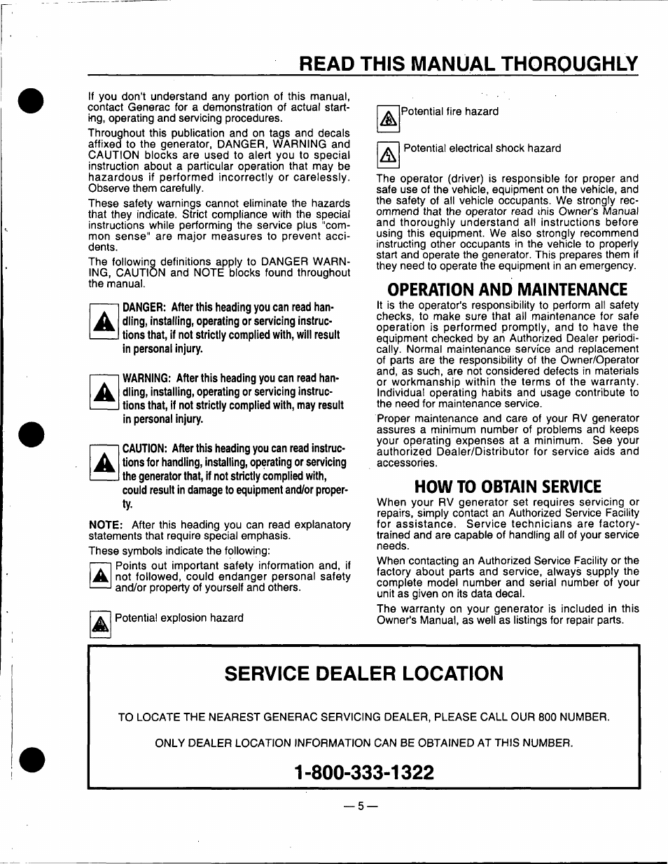 Read this manual thoroughly, Operation and maintenance, How to obtain service | Service dealer location | Generac Power Systems 0940-1 User Manual | Page 7 / 56