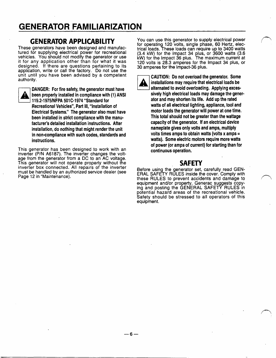 Generator familiarization, Generator appligvbility, Safety | Generac Power Systems 0940-1 User Manual | Page 8 / 56