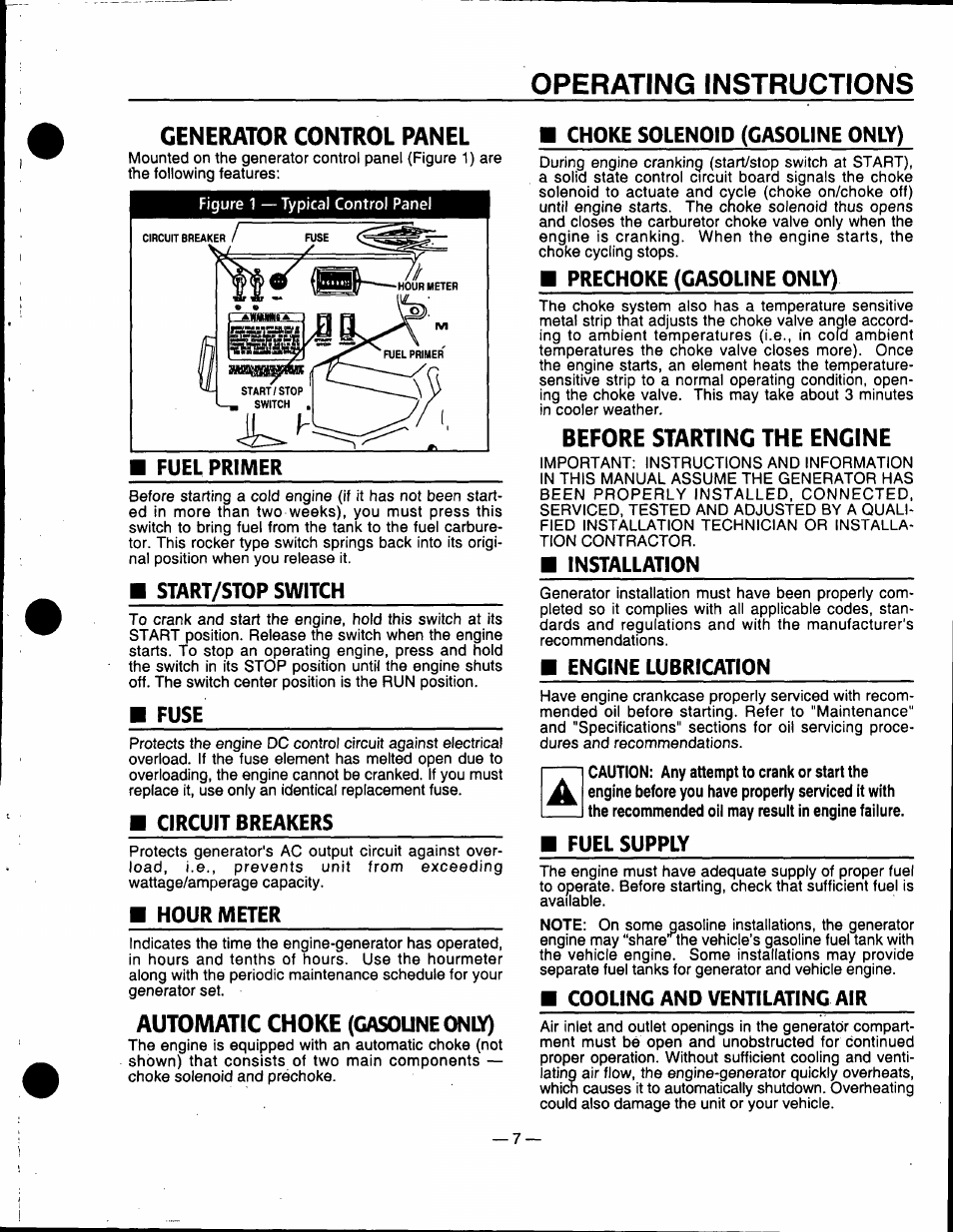 Generator control panel, Automatic choke (gasoune only), Before starting the engine | Operating instructions, Automatic choke | Generac Power Systems 0940-1 User Manual | Page 9 / 56