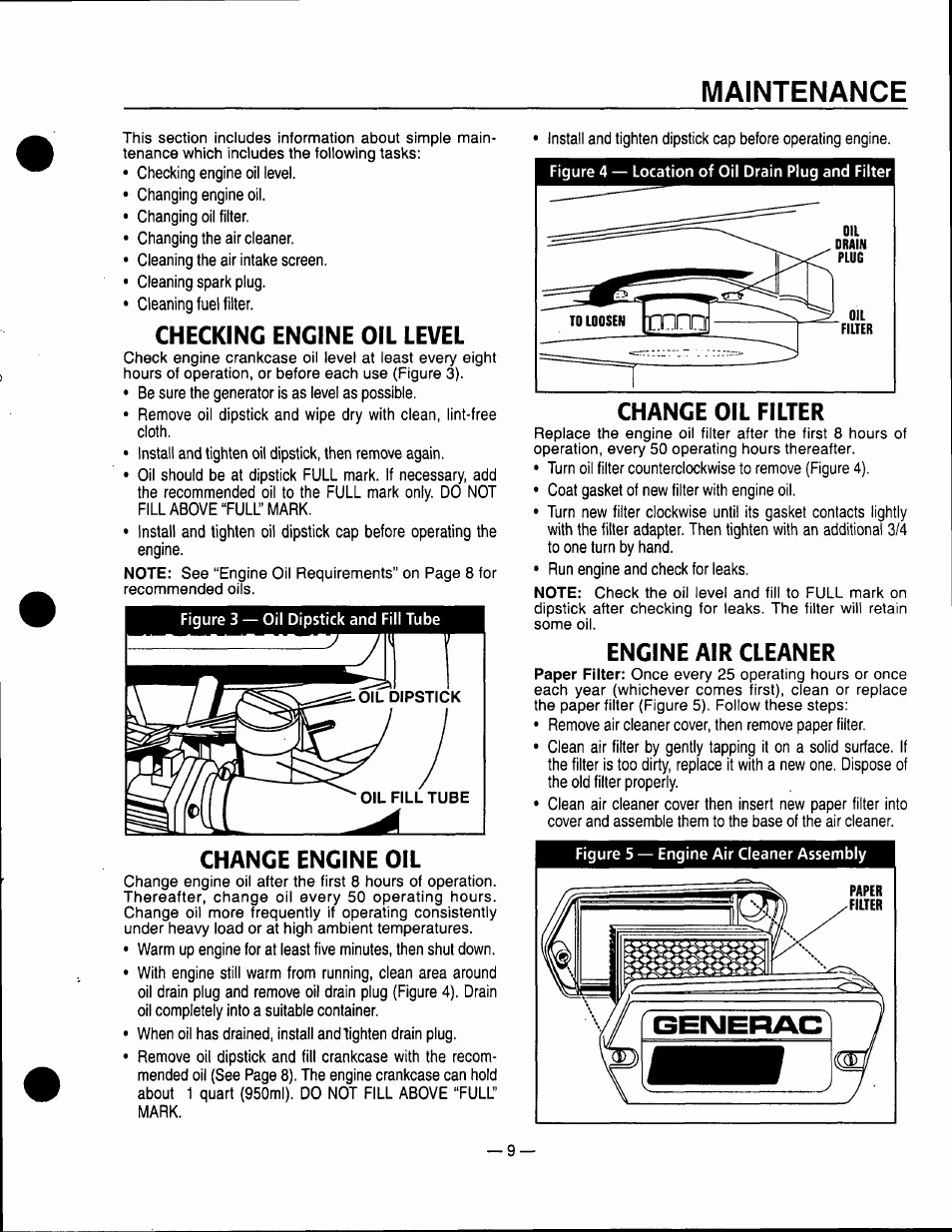 Checking engine oil level, Change engine oil, Engine air cleaner | Checking engine oil level change engine oil, Maintenance | Generac Power Systems 0661-5 User Manual | Page 11 / 48