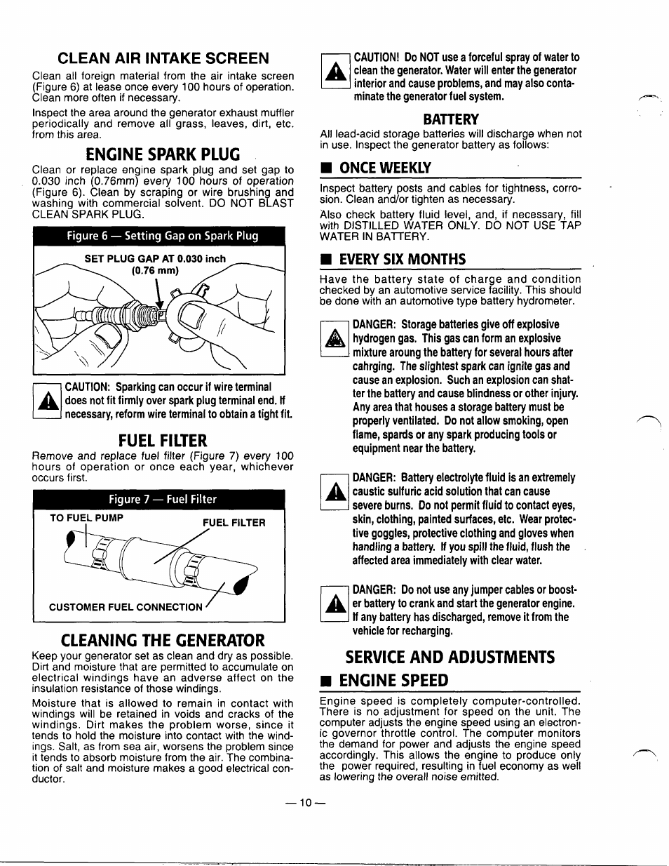 Engine spark plug, Fuel filter, Cleaning the generator | Service and adjustments ■ engine speed, Engine spark plug fuel filter, Clean air intake screen | Generac Power Systems 0661-5 User Manual | Page 12 / 48