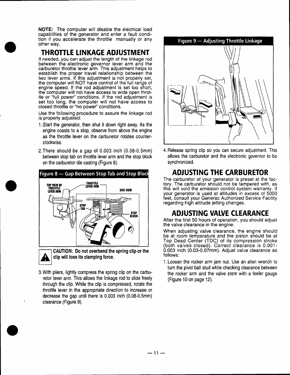 Throme linkage adjustment, Adjusting the carburetor, Adjusting valve clearance | Generac Power Systems 0661-5 User Manual | Page 13 / 48