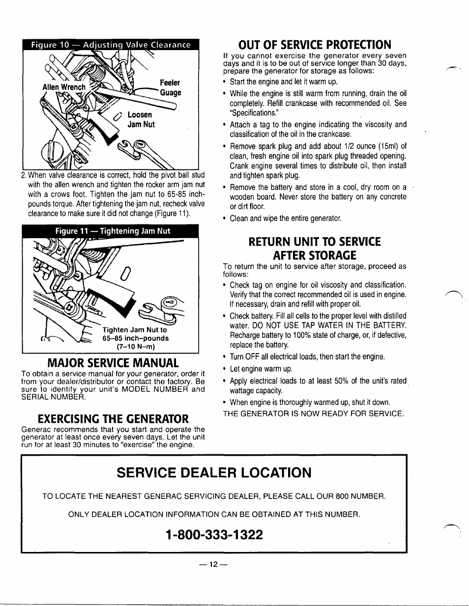 Exercising the generator, Out of service protection, Return unit to service after storage | Service dealer location, Stopping the generator | Generac Power Systems 0661-5 User Manual | Page 14 / 48