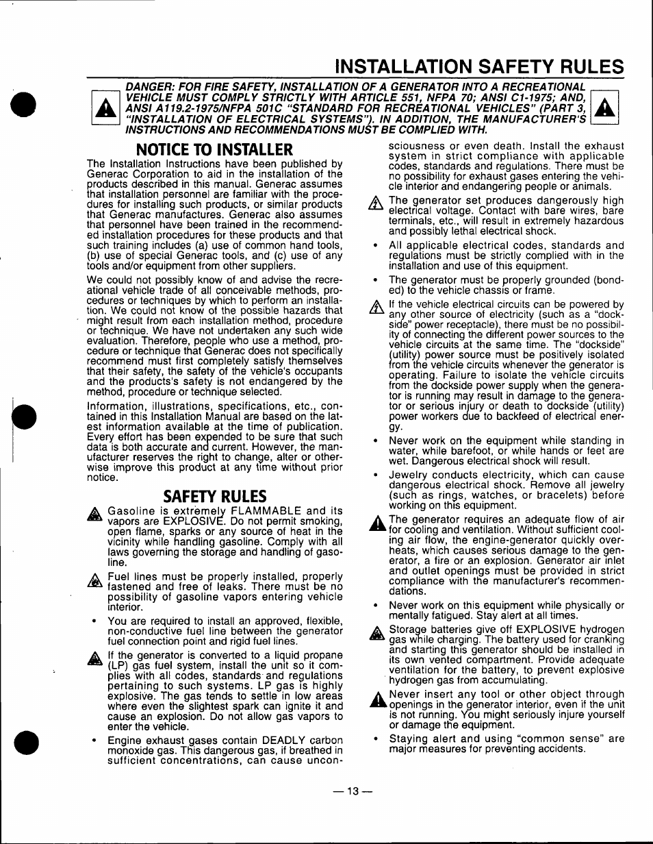 Installation safety rules, Notice to installer, Safety rules | Generac Power Systems 0661-5 User Manual | Page 15 / 48