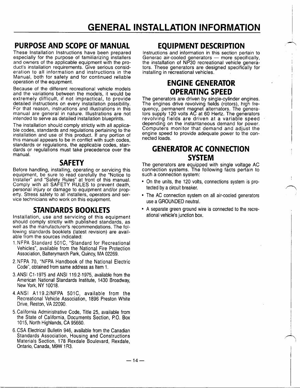 General installation information, Purpose and scope of manual, Safety | Standards booklets, Equipment description, Engine generator operating speed, Generator ac conneaion system | Generac Power Systems 0661-5 User Manual | Page 16 / 48