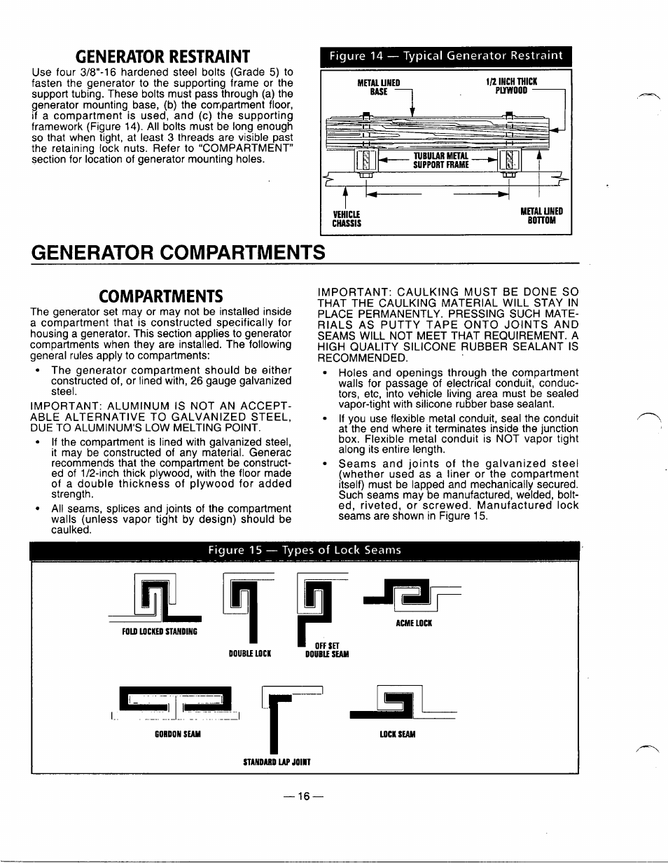 Generator restraint, Generator compartments, Compartments | Generac Power Systems 0661-5 User Manual | Page 18 / 48