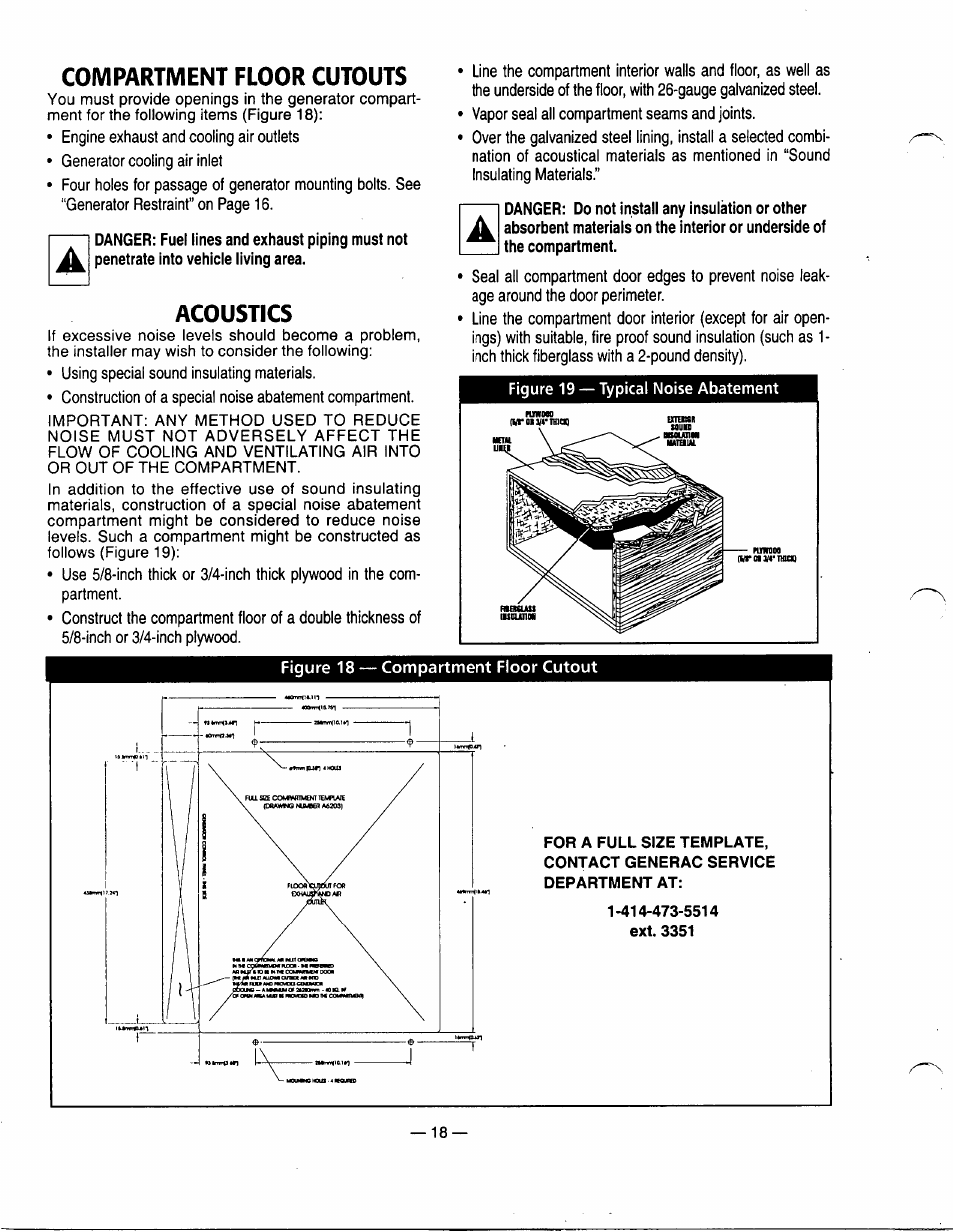 Compartment floor cutouts, Acoustics, Compartment floor cutouts acoustics | Generac Power Systems 0661-5 User Manual | Page 20 / 48