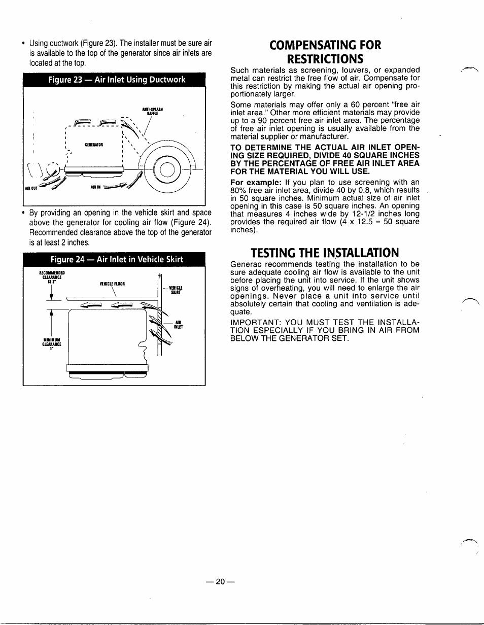 Compensating for restriaions, Testing the installation, Compensating for restrictions | Generac Power Systems 0661-5 User Manual | Page 22 / 48