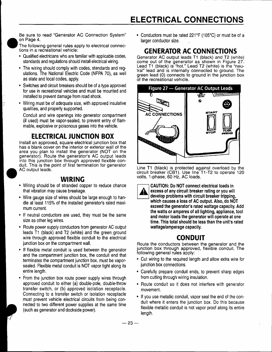 Electrical junqion box, Wiring, Generator ac connections | Conduit, Generator location, Electrical junction box, Electrical connections | Generac Power Systems 0661-5 User Manual | Page 25 / 48