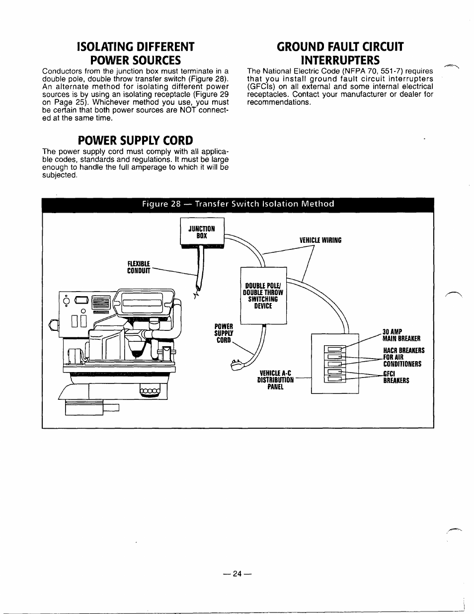 Isolating different power sources, Ground fault circuit interrupters, Power supply cord | Generac Power Systems 0661-5 User Manual | Page 26 / 48