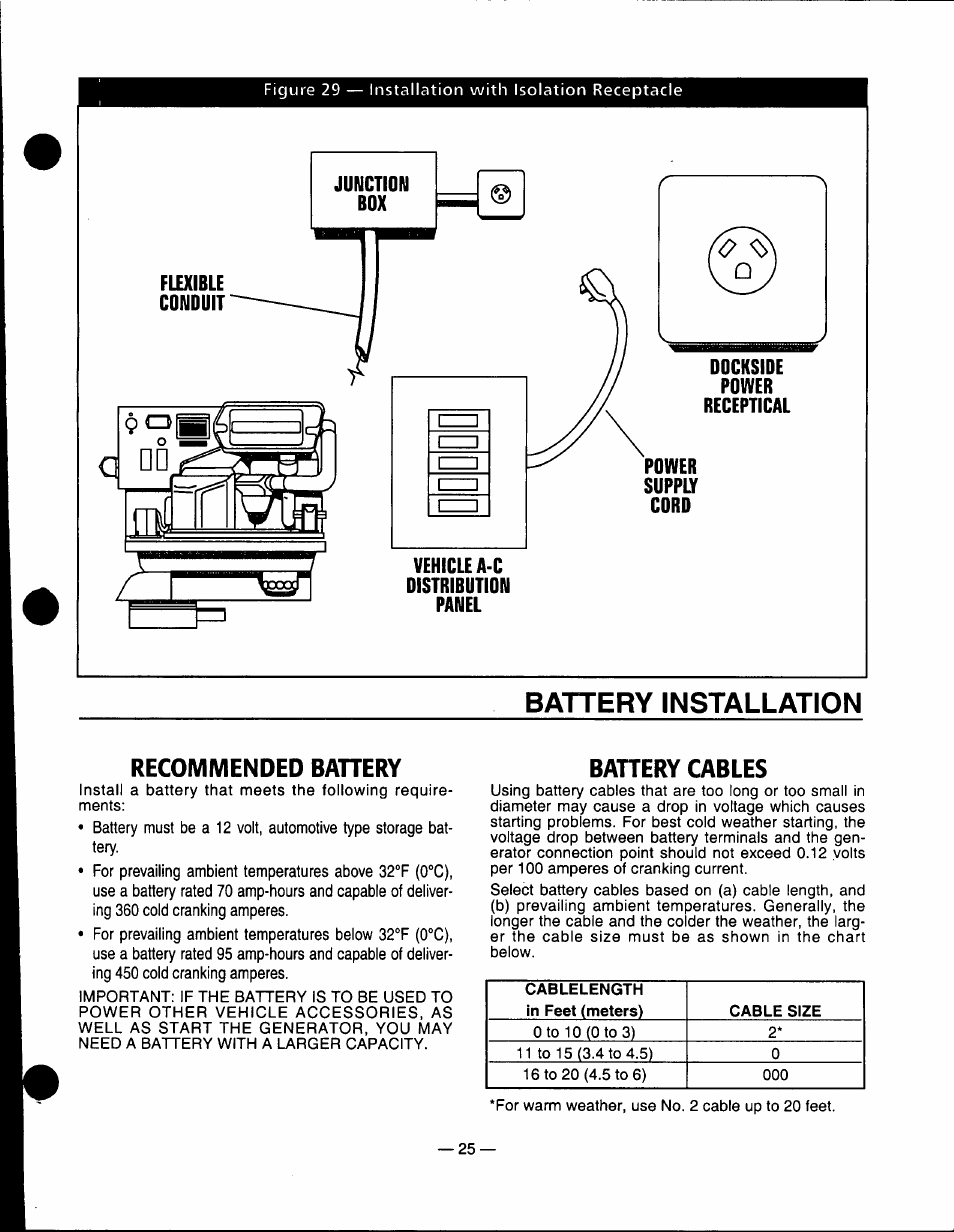 Battery installation, Recommended bahery, Bahery cables | Battery installation -26 | Generac Power Systems 0661-5 User Manual | Page 27 / 48