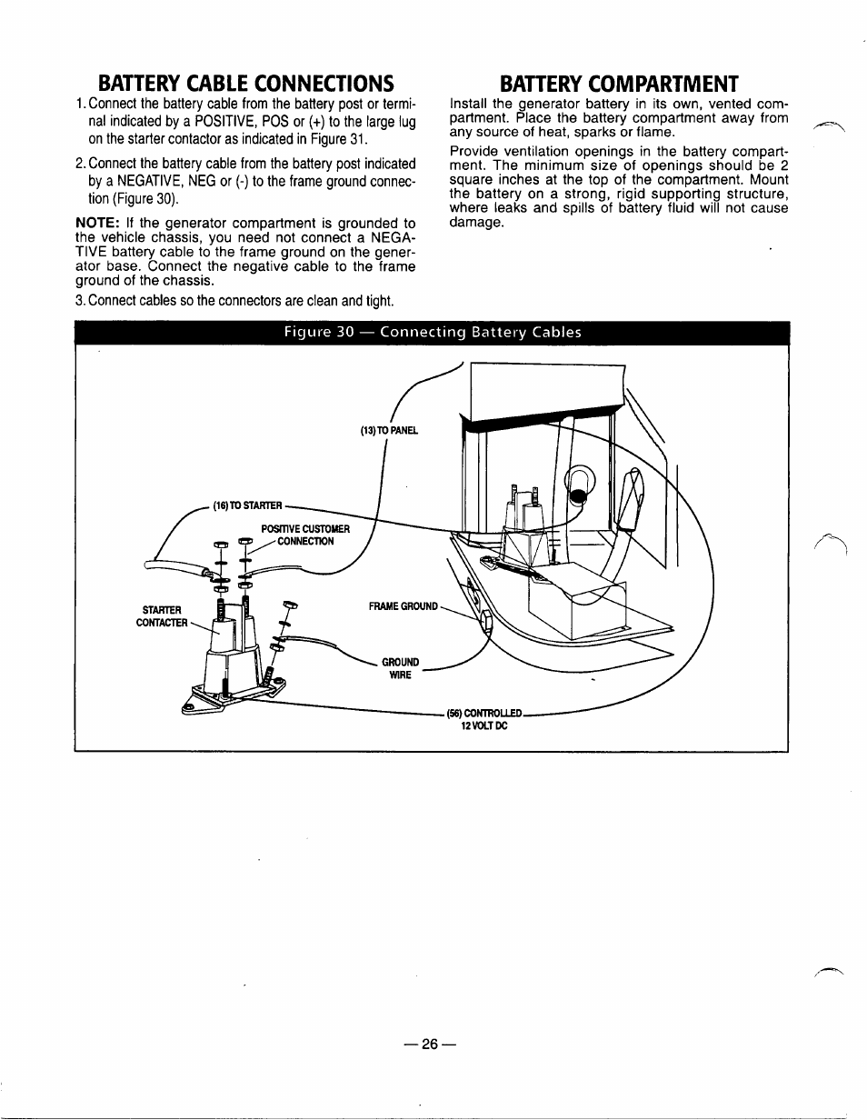 Battery cable connections, Bahery compartment | Generac Power Systems 0661-5 User Manual | Page 28 / 48