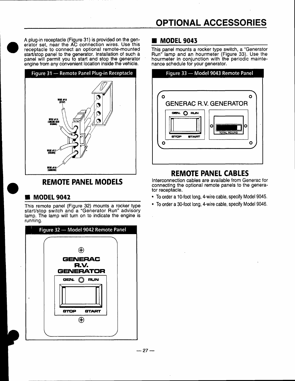 Remote panel models, Remote panel cables, Optional accessories | Generac Power Systems 0661-5 User Manual | Page 29 / 48