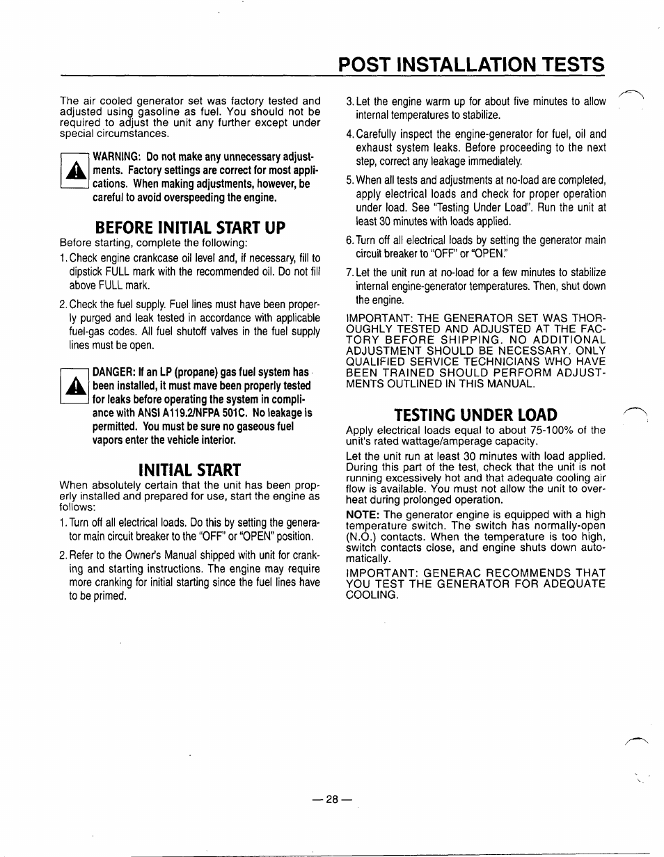 Post installation tests, Before initial start up, Initial start | Testing under load | Generac Power Systems 0661-5 User Manual | Page 30 / 48