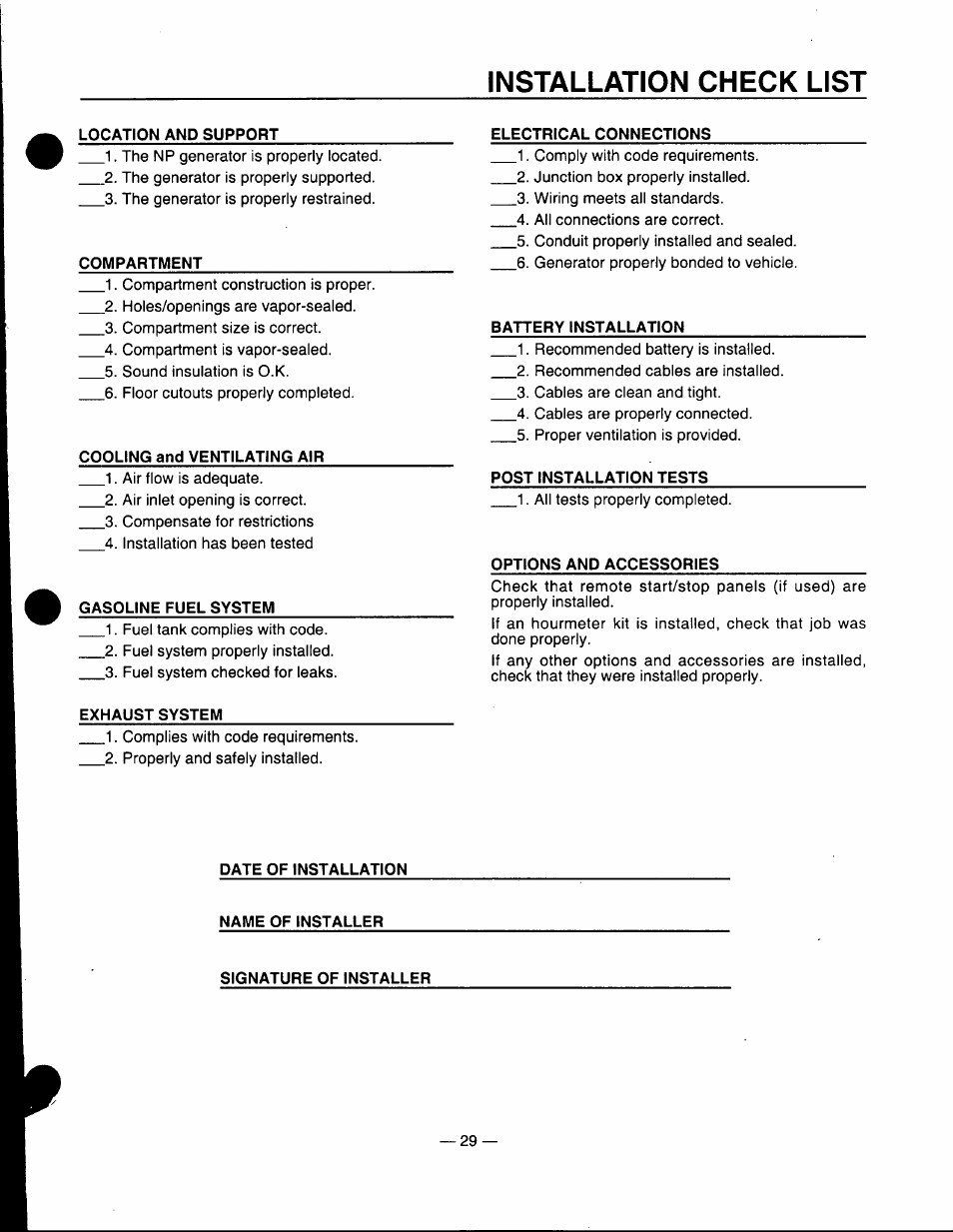 Installation check list | Generac Power Systems 0661-5 User Manual | Page 31 / 48