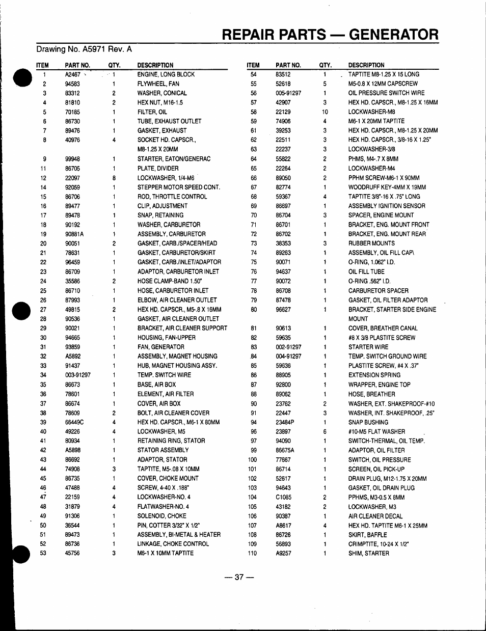 Repair parts — generator, Drawing no. a5971 rev. a | Generac Power Systems 0661-5 User Manual | Page 39 / 48