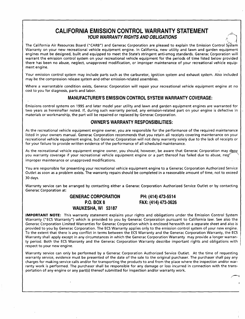 California emission control warranty statement | Generac Power Systems 0661-5 User Manual | Page 46 / 48