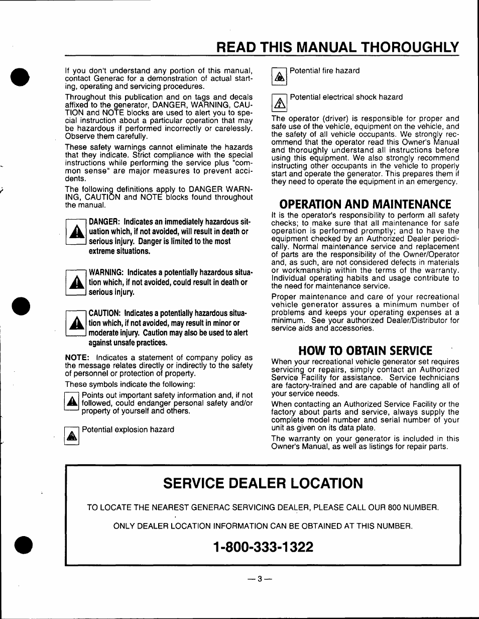 Operation and maintenance, How to obtain service, Service dealer location | How to obtain service service dealer location, Read this manual thoroughly | Generac Power Systems 0661-5 User Manual | Page 5 / 48