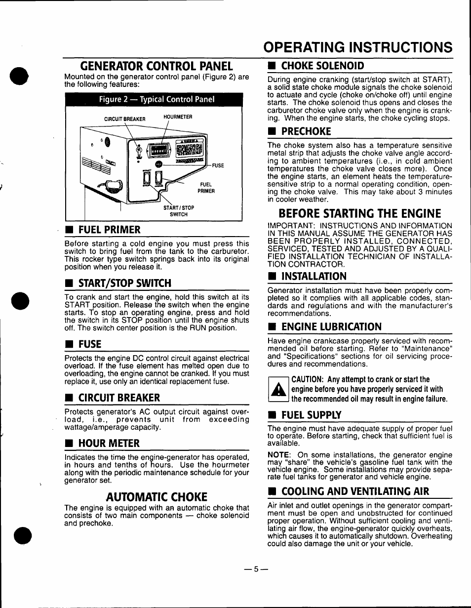 Generator control panel, Automatic choke, Before starting the engine | Operating instructions | Generac Power Systems 0661-5 User Manual | Page 7 / 48