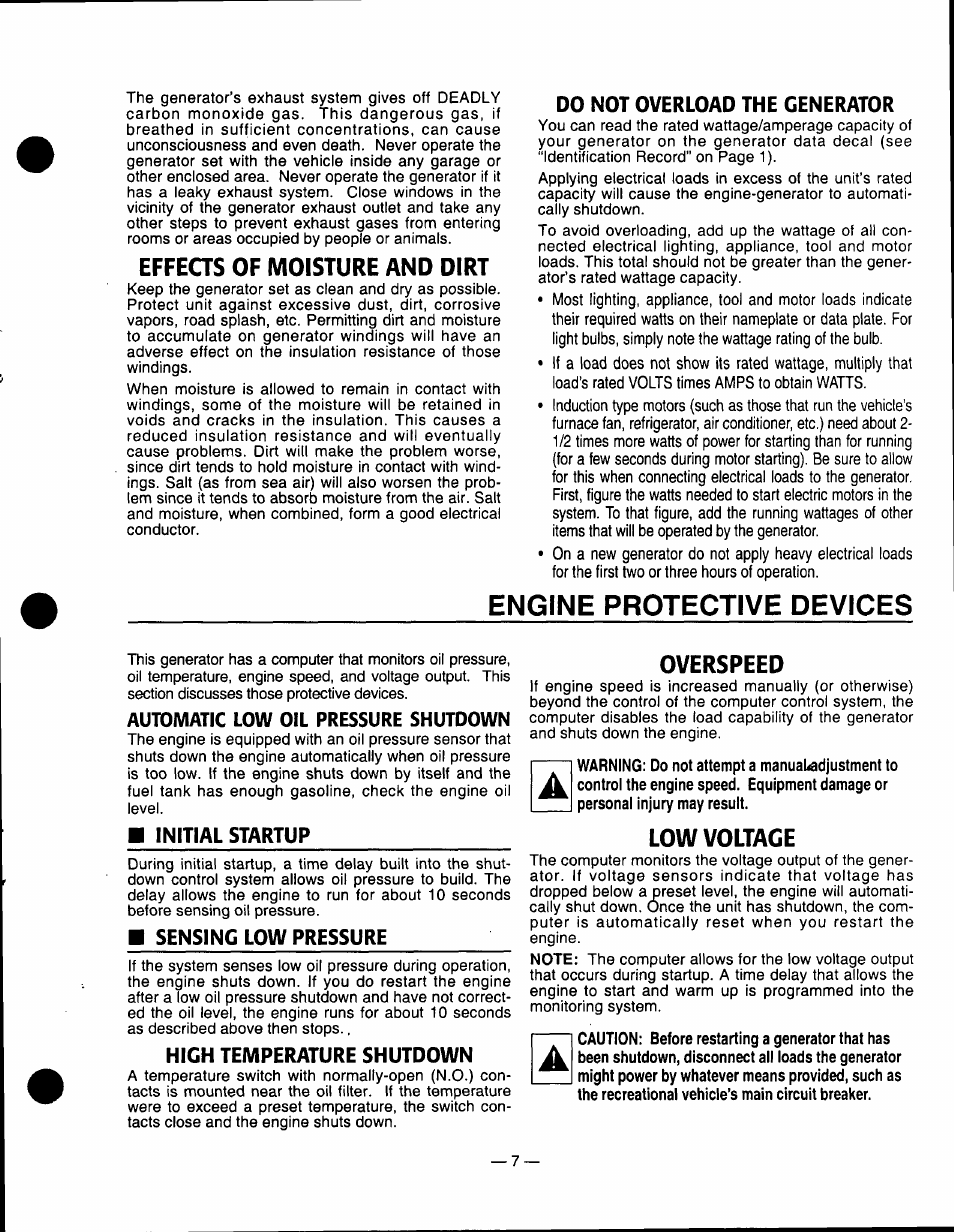 Effeas of moisture and dirt, Overspeed, Low voltage | Effects of moisture and dirt, Overspeed low voltage, Engine protective devices | Generac Power Systems 0661-5 User Manual | Page 9 / 48