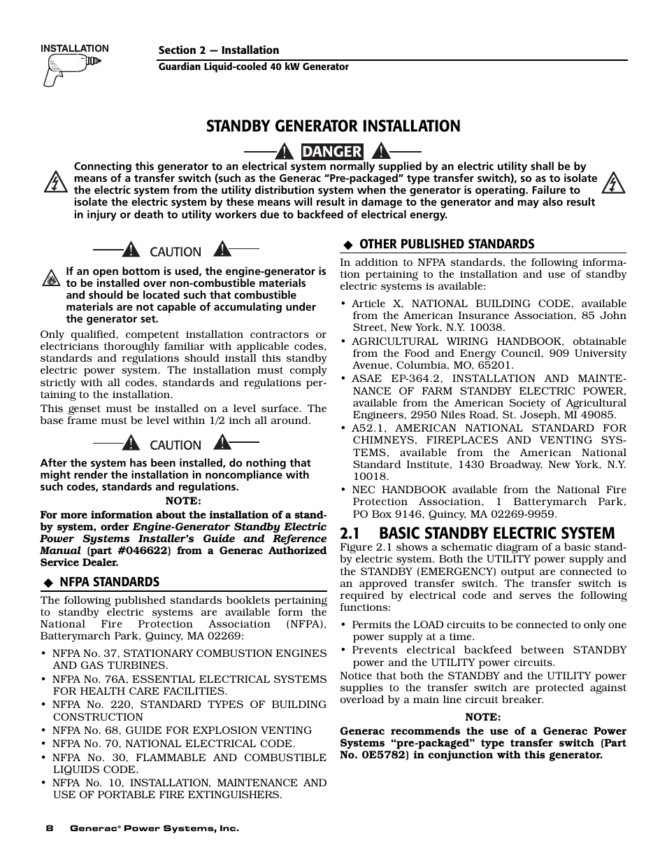 1 basic standby electric system, Standby generator installation, Danger | Generac Power Systems 004626-5 User Manual | Page 10 / 64