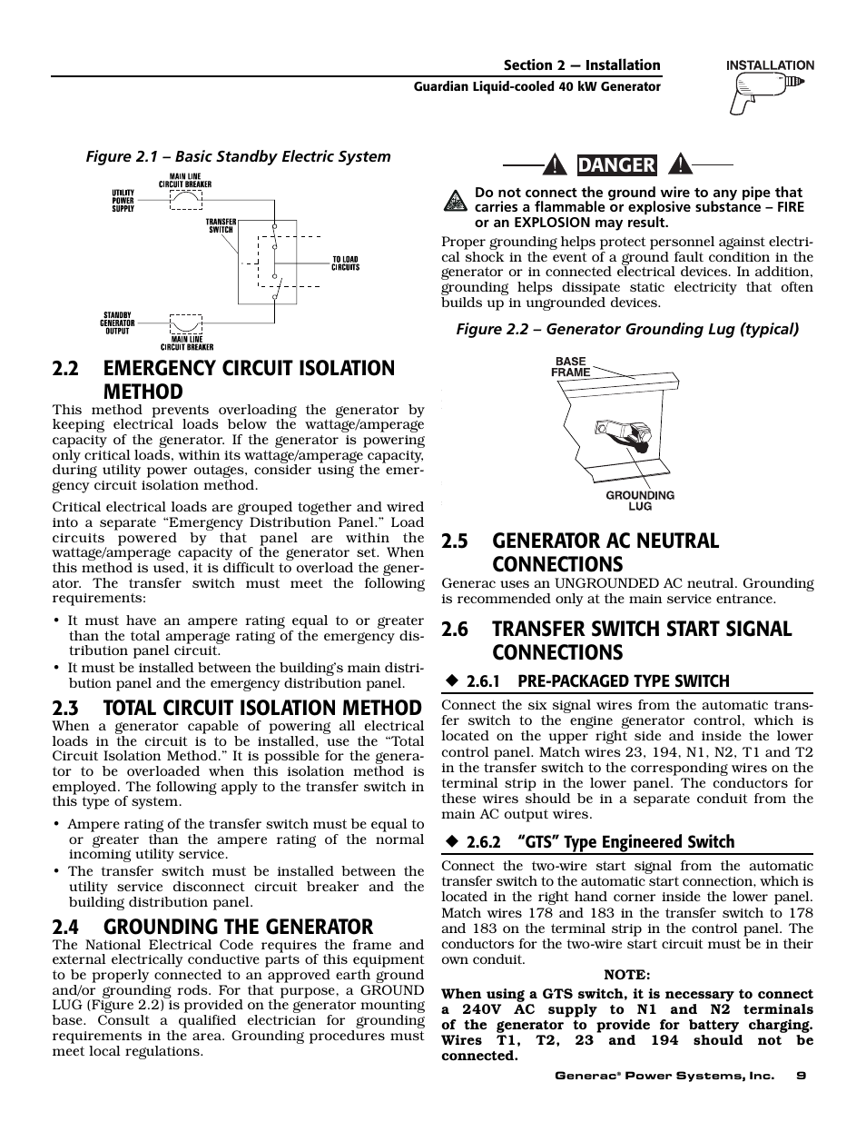 2 emergency circuit isolation method, 3 total circuit isolation method, 4 grounding the generator | 5 generator ac neutral connections, 6 transfer switch start signal connections, Danger | Generac Power Systems 004626-5 User Manual | Page 11 / 64