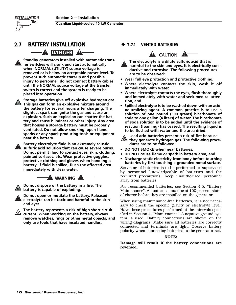 7 battery installation, Danger | Generac Power Systems 004626-5 User Manual | Page 12 / 64