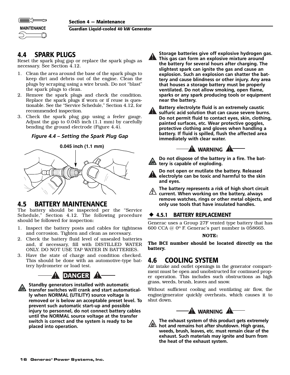 4 spark plugs, 5 battery maintenance, 6 cooling system | Danger | Generac Power Systems 004626-5 User Manual | Page 18 / 64
