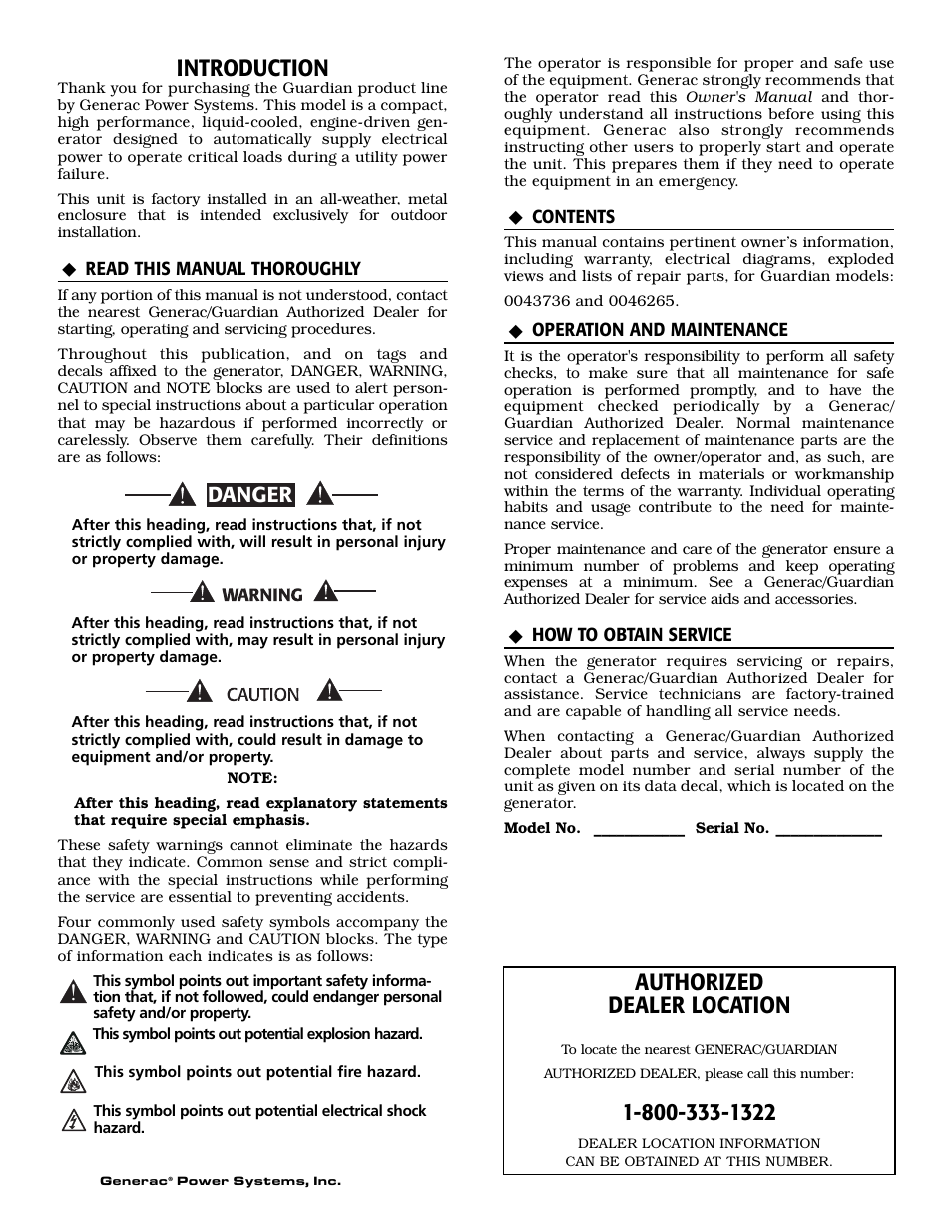 Introduction, Authorized dealer location, Danger | Generac Power Systems 004626-5 User Manual | Page 2 / 64