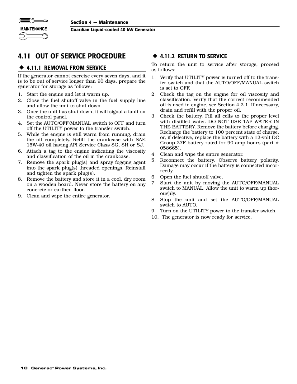 11 out of service procedure | Generac Power Systems 004626-5 User Manual | Page 20 / 64