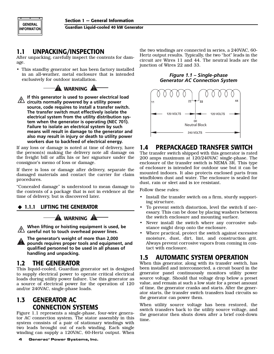 1 unpacking/inspection, 2 the generator, 3 generator ac connection systems | 4 prepackaged transfer switch, 5 automatic system operation | Generac Power Systems 004626-5 User Manual | Page 6 / 64