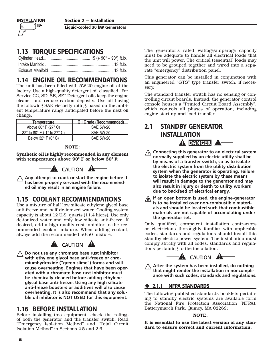 13 torque specifications, 14 engine oil recommendations, 15 coolant recommendations | 16 before installation, 1 standby generator installation | Generac Power Systems 004988-4 User Manual | Page 10 / 48