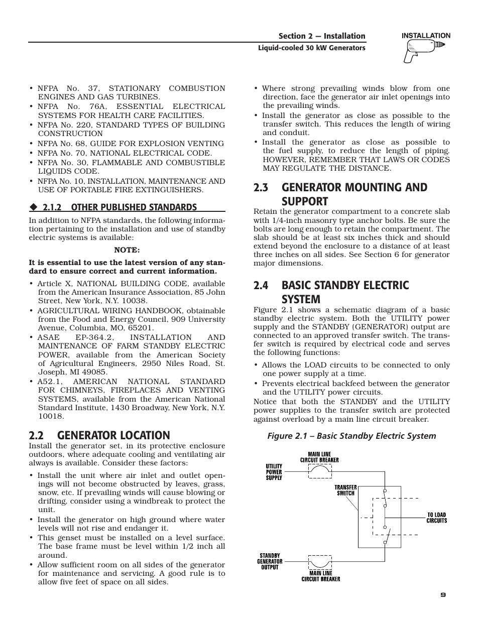 2 generator location, 3 generator mounting and support, 4 basic standby electric system | Generac Power Systems 004988-4 User Manual | Page 11 / 48