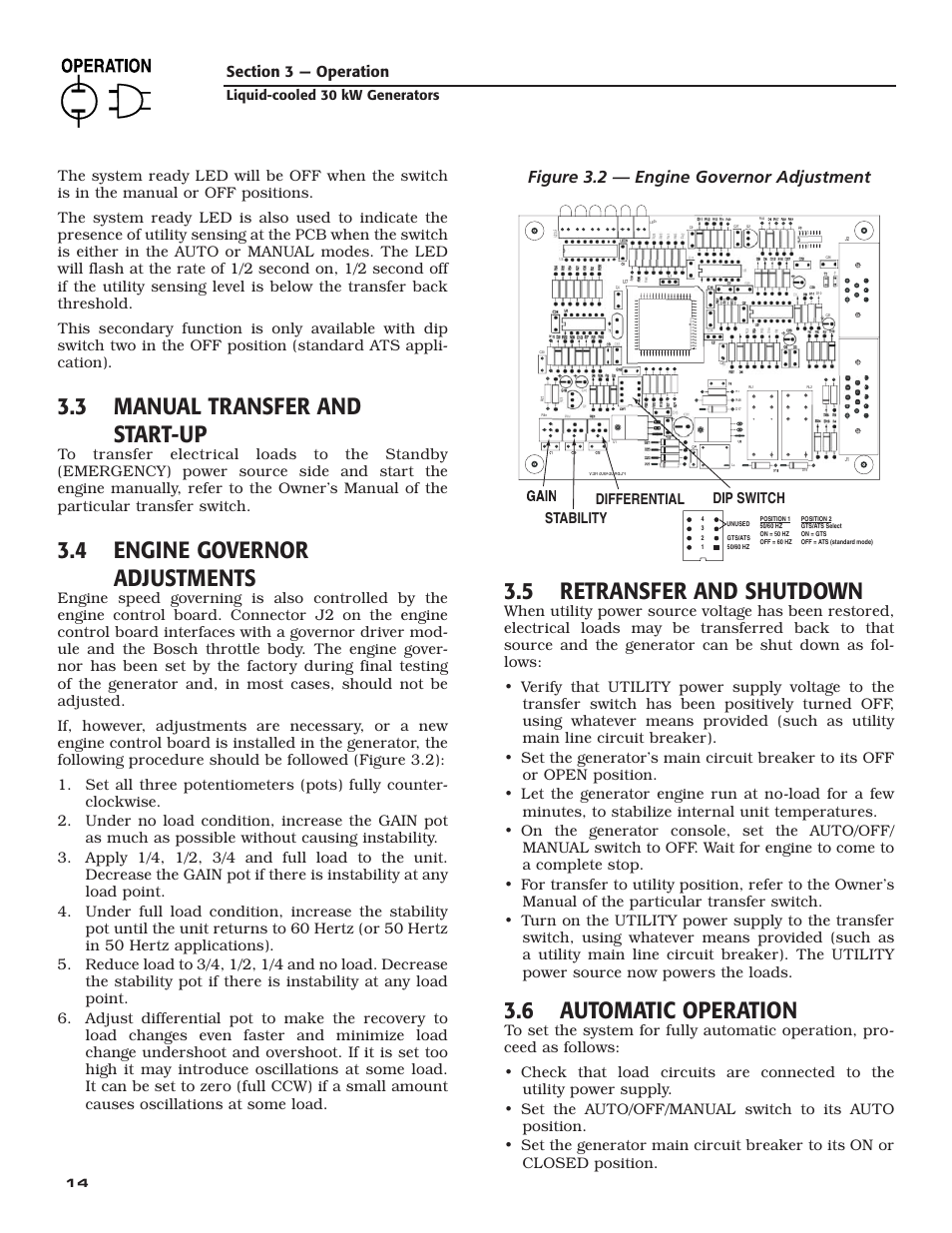 3 manual transfer and start-up, 4 engine governor adjustments, 5 retransfer and shutdown | 6 automatic operation, Figure 3.2 — engine governor adjustment, Stability differential dip switch | Generac Power Systems 004988-4 User Manual | Page 16 / 48