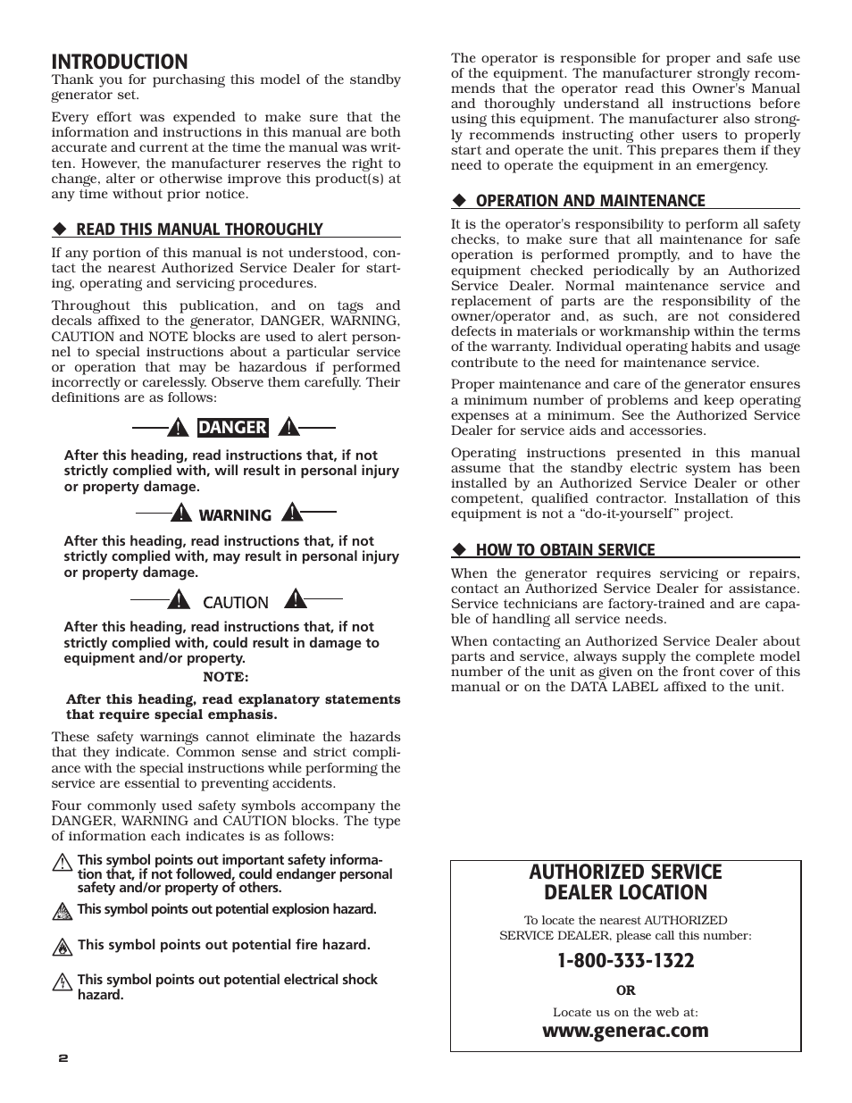 Introduction, Authorized service dealer location | Generac Power Systems 004988-4 User Manual | Page 2 / 48