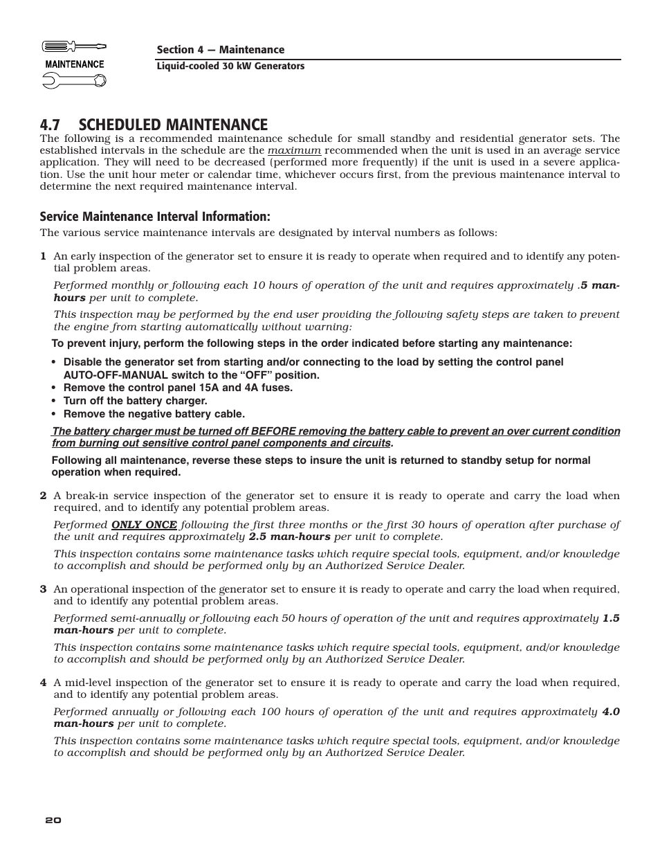 7 scheduled maintenance | Generac Power Systems 004988-4 User Manual | Page 22 / 48