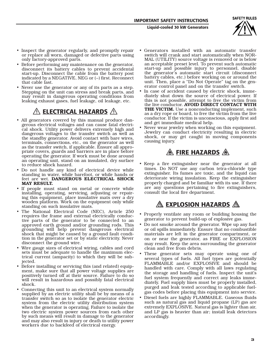 Electrical hazards, Fire hazards, Explosion hazards | Generac Power Systems 004988-4 User Manual | Page 5 / 48