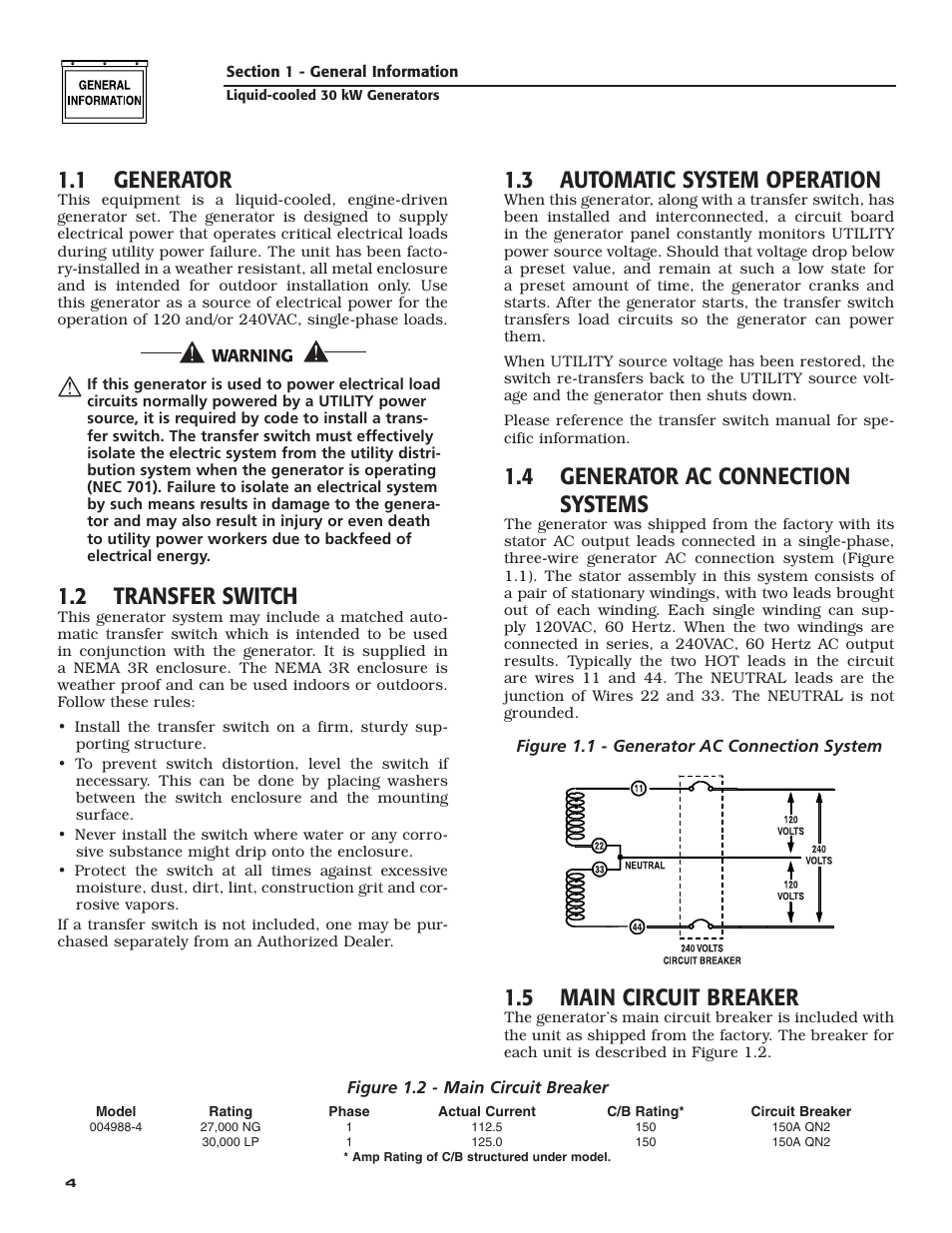 1 generator, 2 transfer switch, 3 automatic system operation | 4 generator ac connection systems, 5 main circuit breaker | Generac Power Systems 004988-4 User Manual | Page 6 / 48