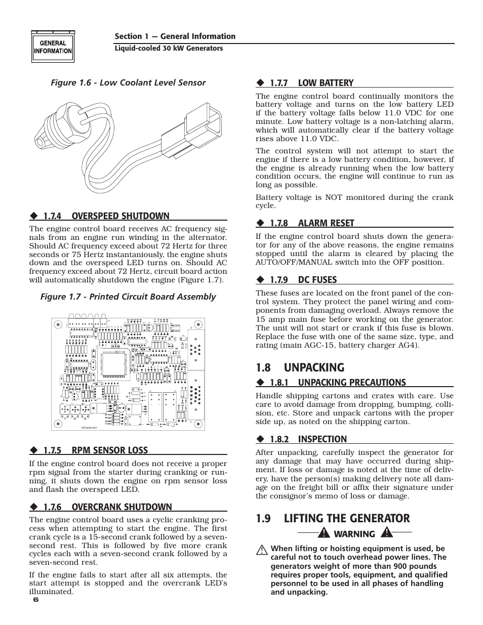 8 unpacking, 9 lifting the generator, 4 overspeed shutdown | 5 rpm sensor loss, 6 overcrank shutdown, 7 low battery, 8 alarm reset, 9 dc fuses, 1 unpacking precautions, 2 inspection | Generac Power Systems 004988-4 User Manual | Page 8 / 48