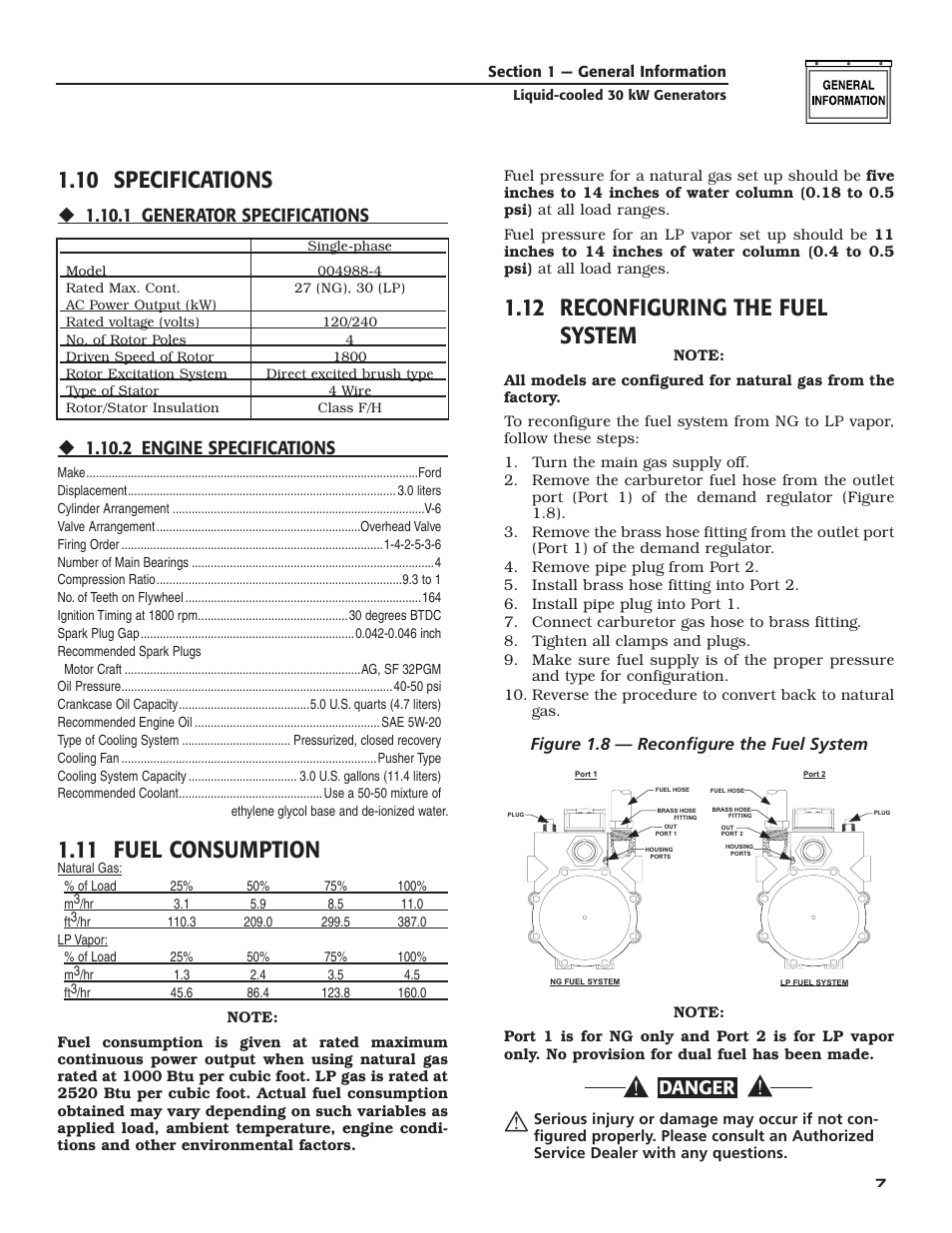 10 specifications, 11 fuel consumption, 12 reconfiguring the fuel system | Danger | Generac Power Systems 004988-4 User Manual | Page 9 / 48