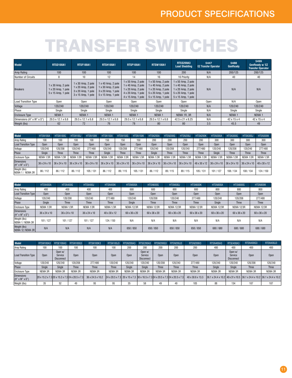 Transfer switches, Product specifications | Generac Power Systems Transfer Switches and Accessories User Manual | Page 11 / 15