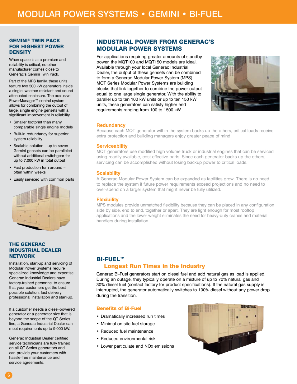 Modular power systems • gemini • bi-fuel, Bi-fuel ™ longest run times in the industry | Generac Power Systems Transfer Switches and Accessories User Manual | Page 6 / 15