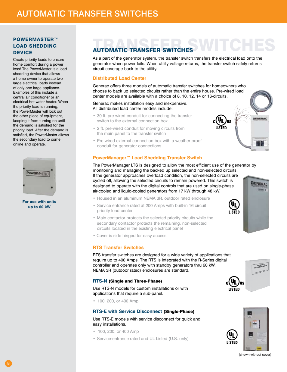 Transfer switches, Automatic transfer switches | Generac Power Systems Transfer Switches and Accessories User Manual | Page 8 / 15