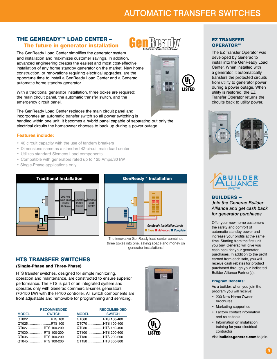 Transfer switches, Lliance, Automatic transfer switches | Hts transfer switches | Generac Power Systems Transfer Switches and Accessories User Manual | Page 9 / 15