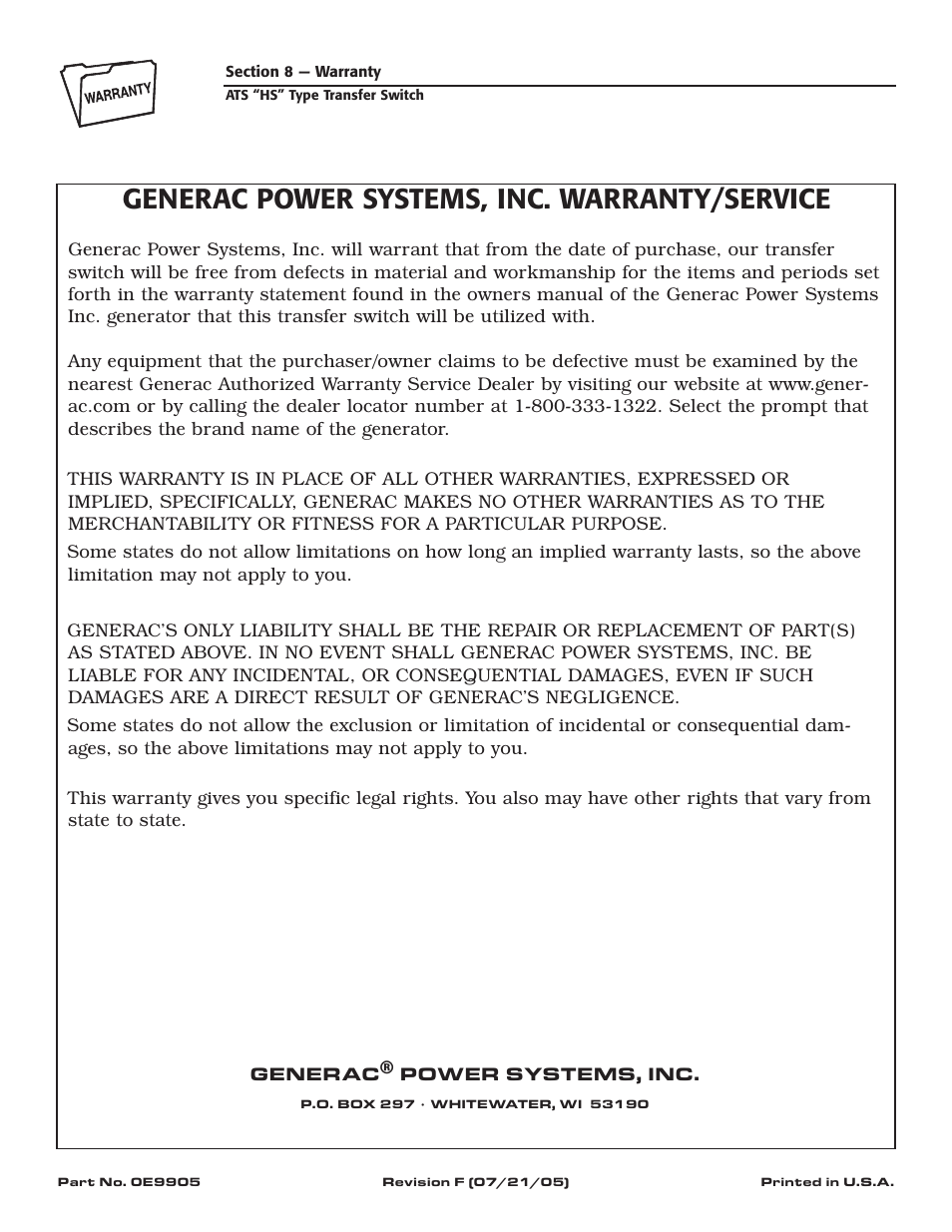 Generac power systems, inc. warranty/service | Generac Power Systems 004945-1 User Manual | Page 20 / 20