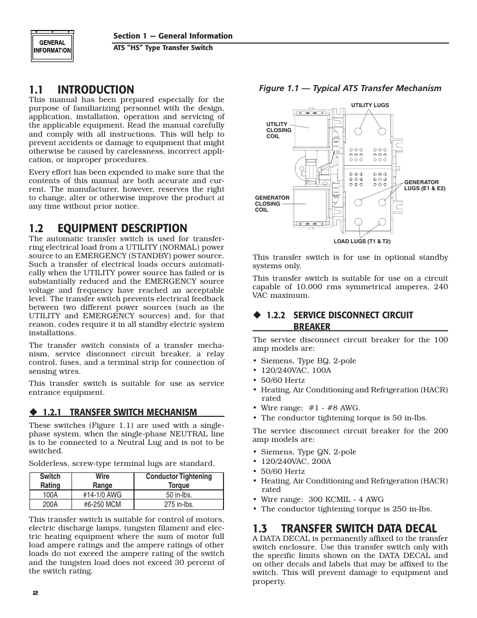 1 introduction, 2 equipment description, 3 transfer switch data decal | Generac Power Systems 004945-1 User Manual | Page 4 / 20