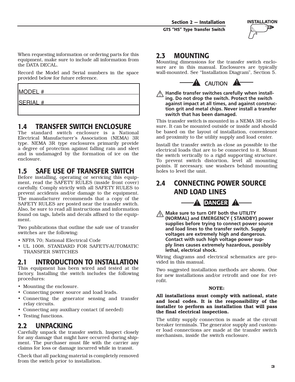 4 transfer switch enclosure, 5 safe use of transfer switch, 1 introduction to installation | 2 unpacking, 3 mounting, 4 connecting power source and load lines | Generac Power Systems 004945-1 User Manual | Page 5 / 20