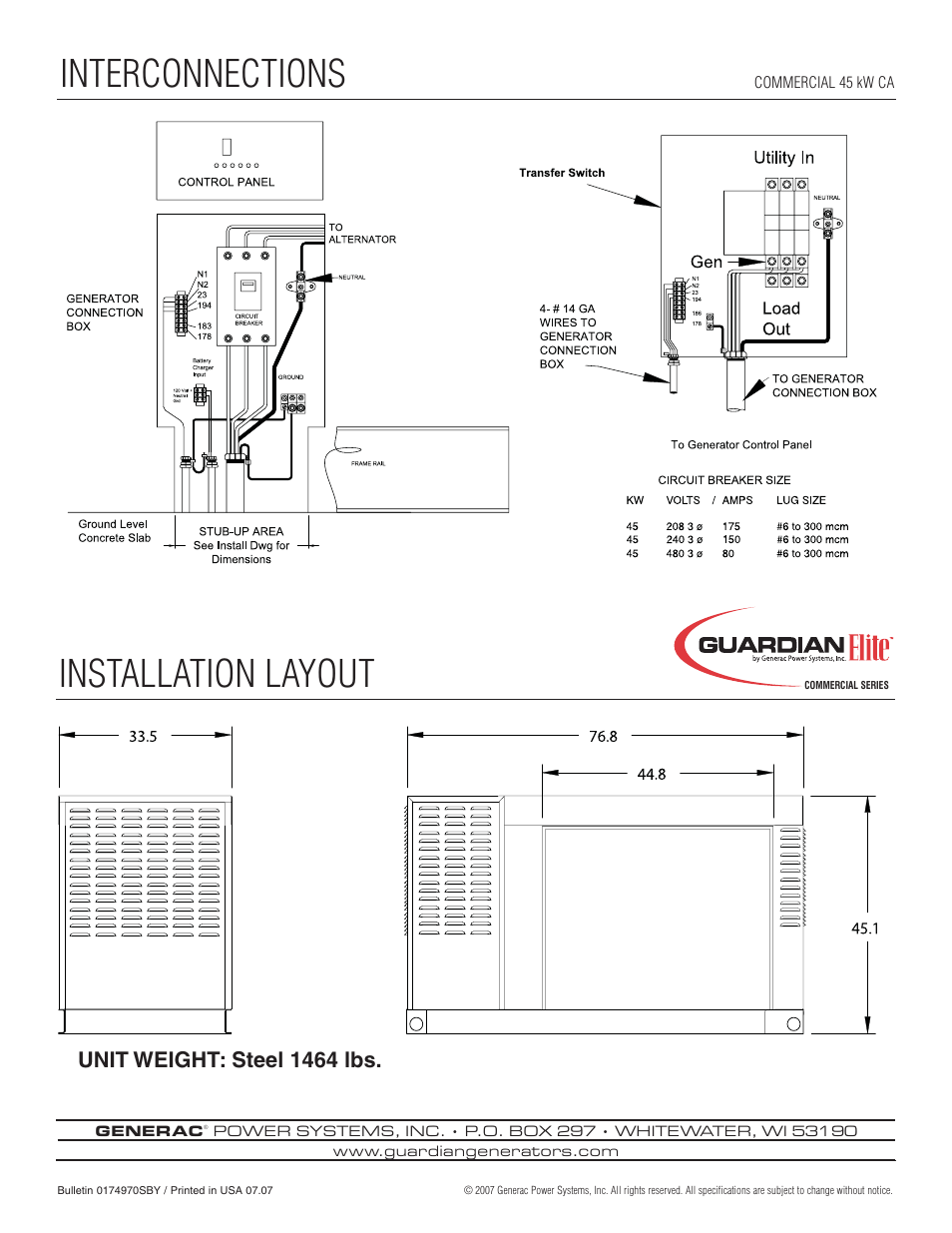 Interconnections installation layout, Unit weight: steel 1464 lbs | Generac Power Systems QT04524 User Manual | Page 4 / 4
